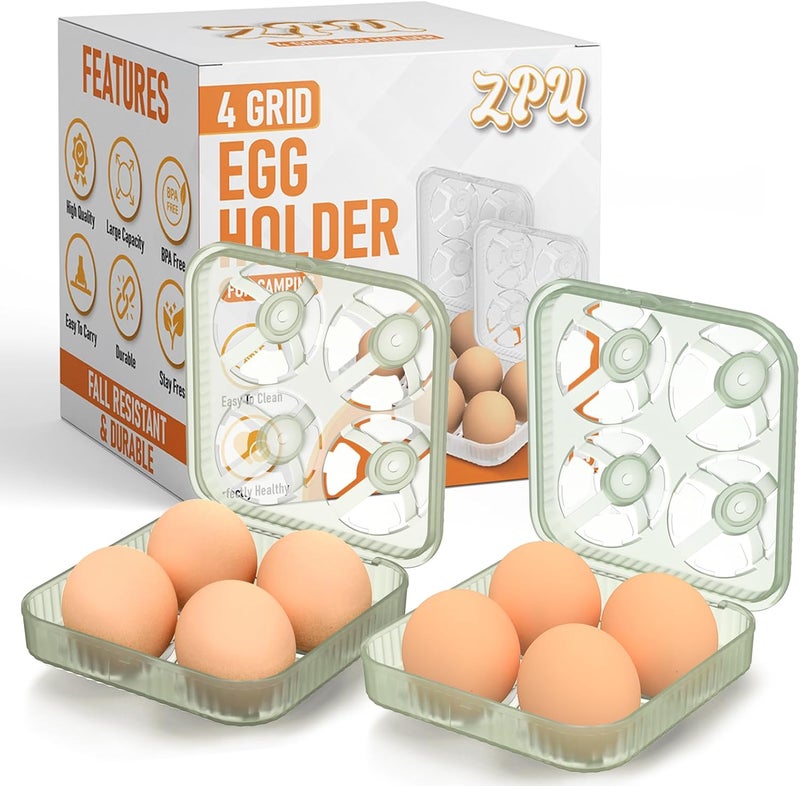 ZPU Egg Holder Camping, 2Pcs 4 Grid Egg Container, Plastic Egg Carrier for Camping Picnic Travel Outdoor Refrigerator Kitchen, Protective Egg Storage Case, Green - Image 1
